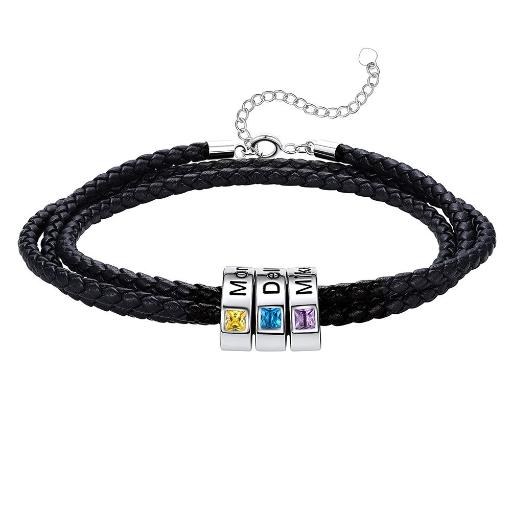 Leather Braided Bracelet with 3 Birthstone Beads