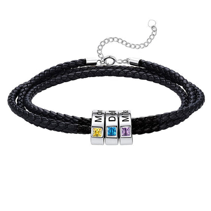Leather Braided Bracelet with 3 Birthstone Beads