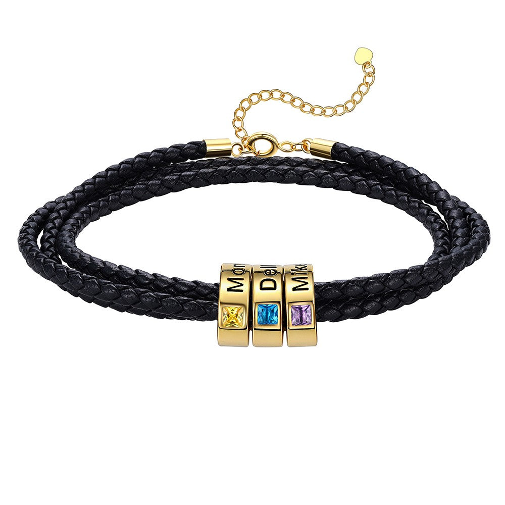 Leather Braided Bracelet with 3 Birthstone Gold Beads