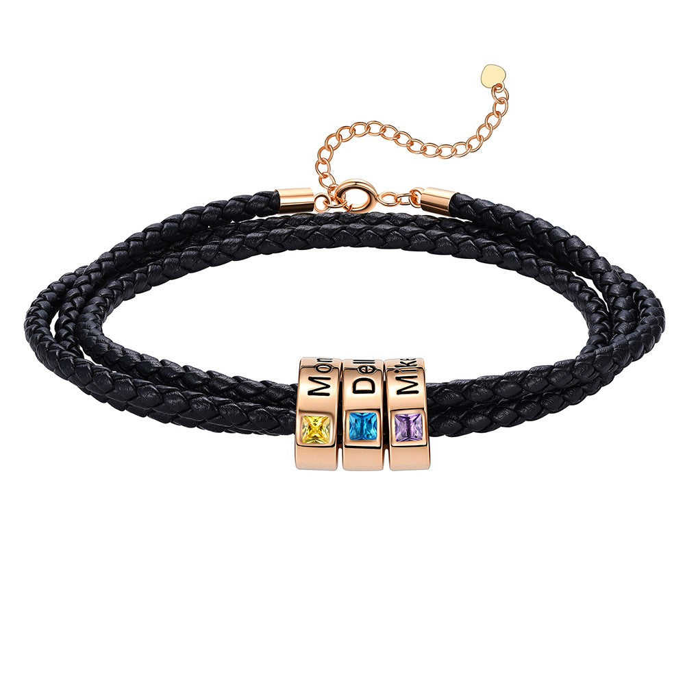 Leather Braided Bracelet with 3 Birthstone Rose Gold Beads
