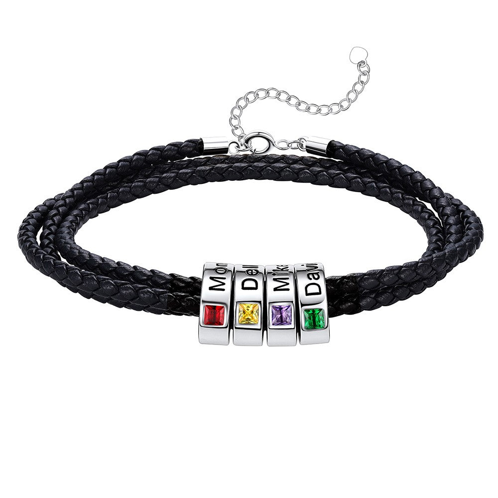 Leather Braided Bracelet with 4 Birthstone Beads