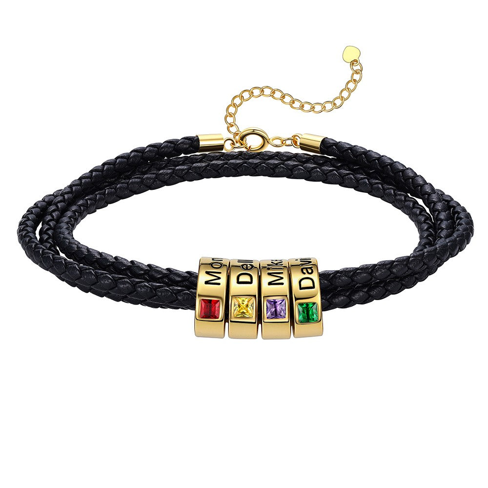 Leather Braided Bracelet with 4 Birthstone Gold Beads