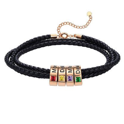 Leather Braided Bracelet with 4 Birthstone Rose Gold Beads