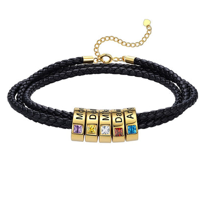Leather Braided Bracelet with 5 Birthstone Gold Beads