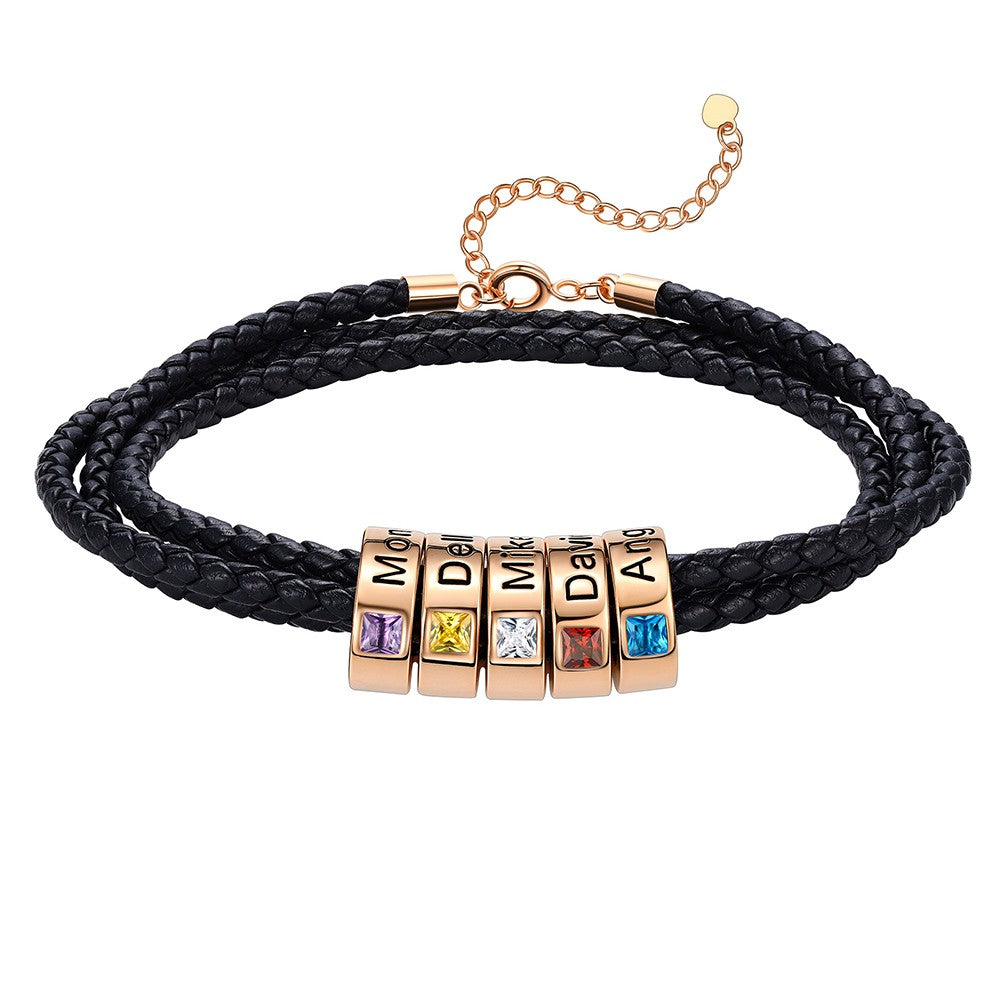 Leather Braided Bracelet with 5 Birthstone Rose Gold Beads