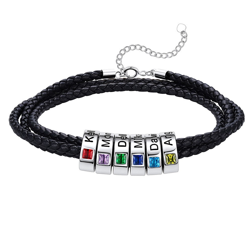 Leather Braided Bracelet with 6 Birthstone Beads