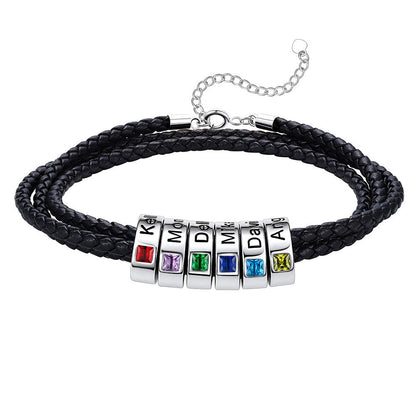 Leather Braided Bracelet with 6 Birthstone Beads