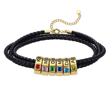 Leather Braided Bracelet with 6 Birthstone Gold Beads