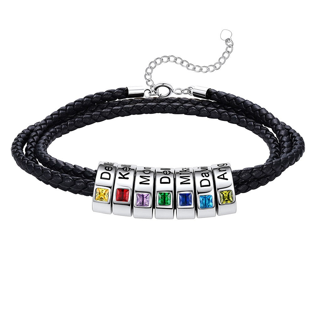 Leather Braided Bracelet with 7 Birthstone Beads
