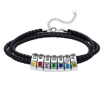 Leather Braided Bracelet with 7 Birthstone Beads