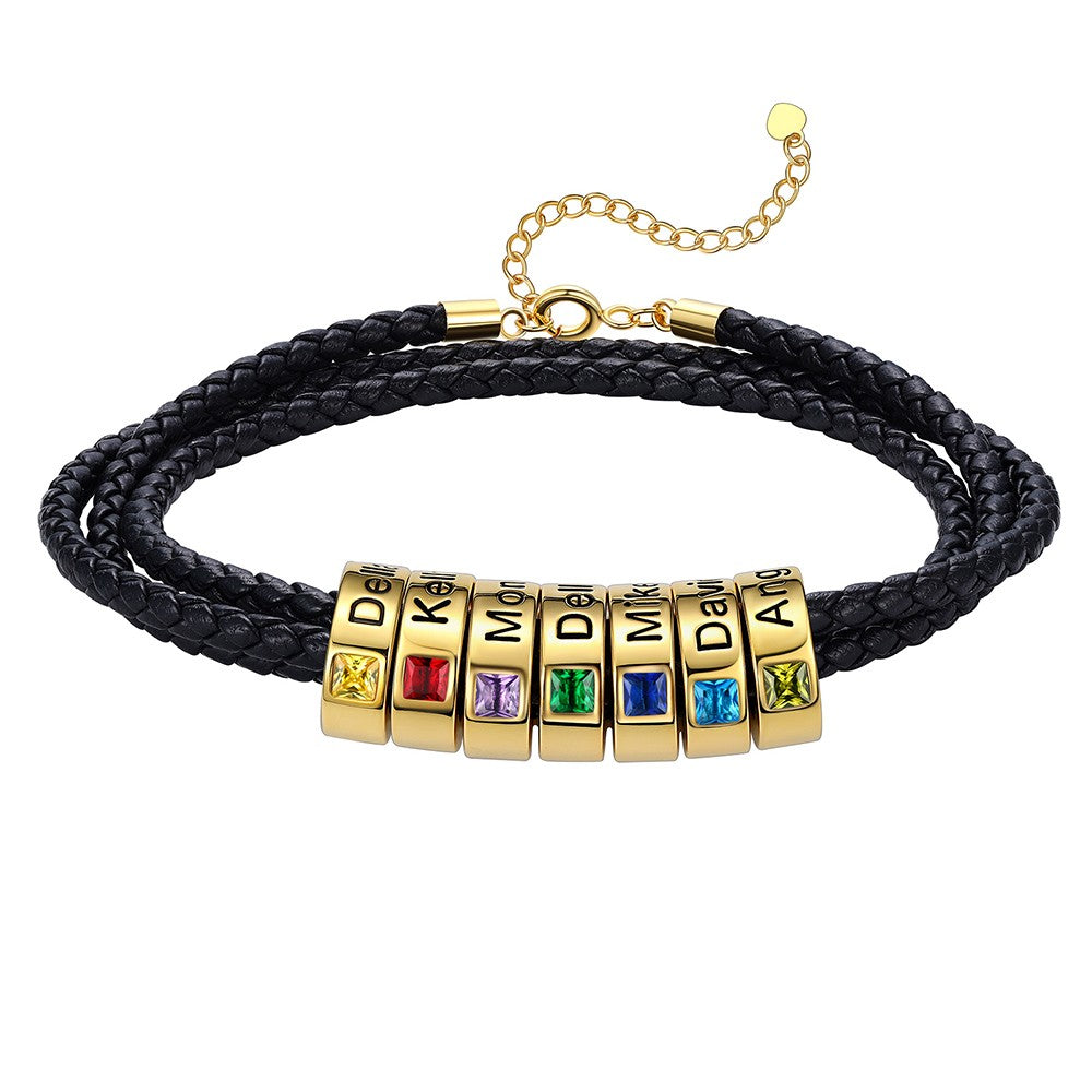Leather Braided Bracelet with 7 Birthstone Gold Beads