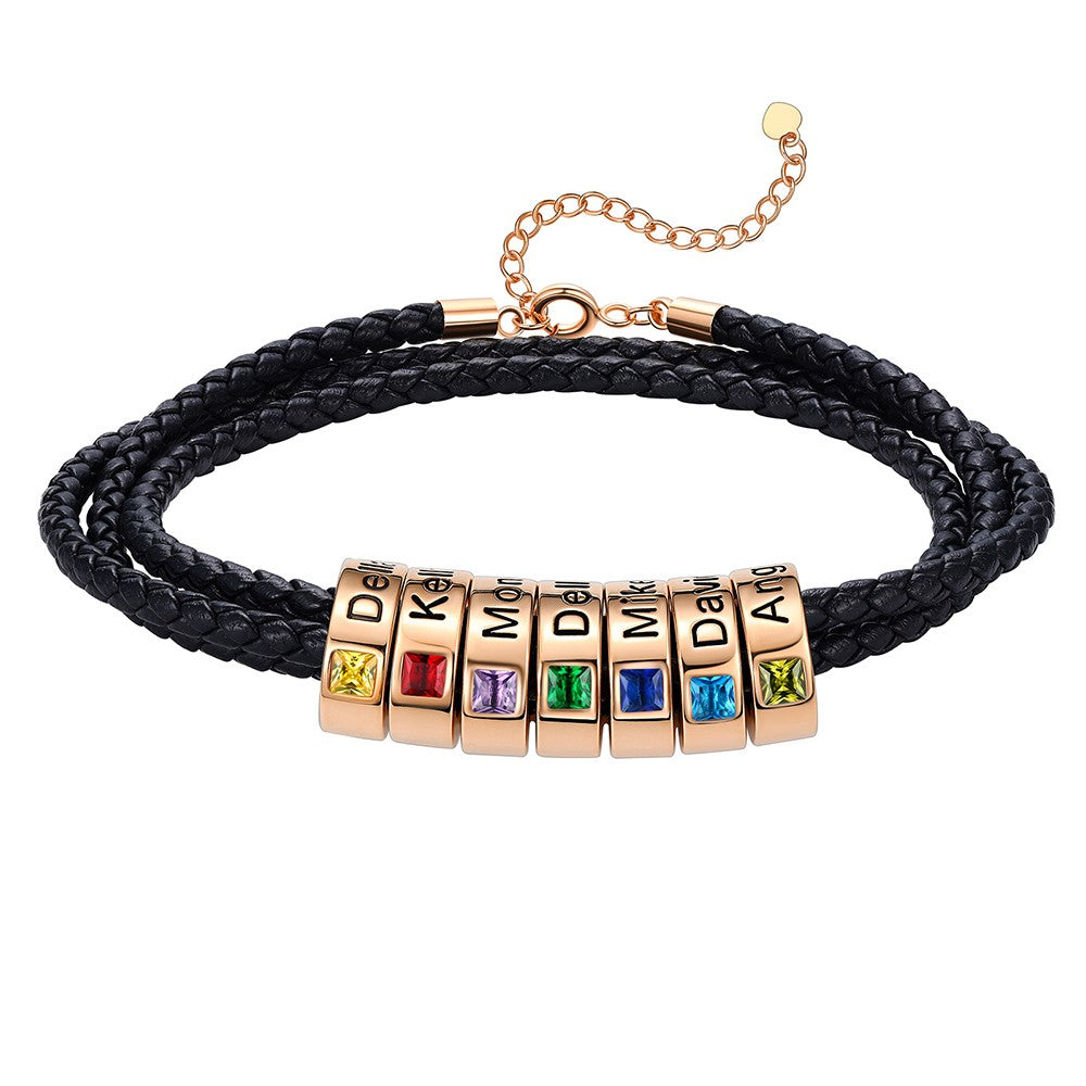 Leather Braided Bracelet with 7 Birthstone Rose Gold Beads