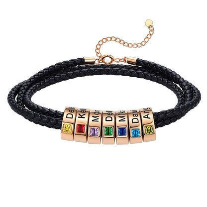 Leather Braided Bracelet with 7 Birthstone Rose Gold Beads