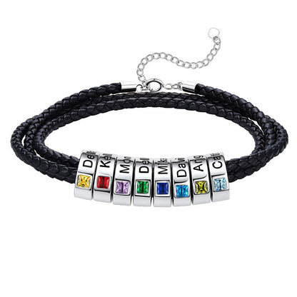 Leather Braided Bracelet with 8 Birthstone Beads