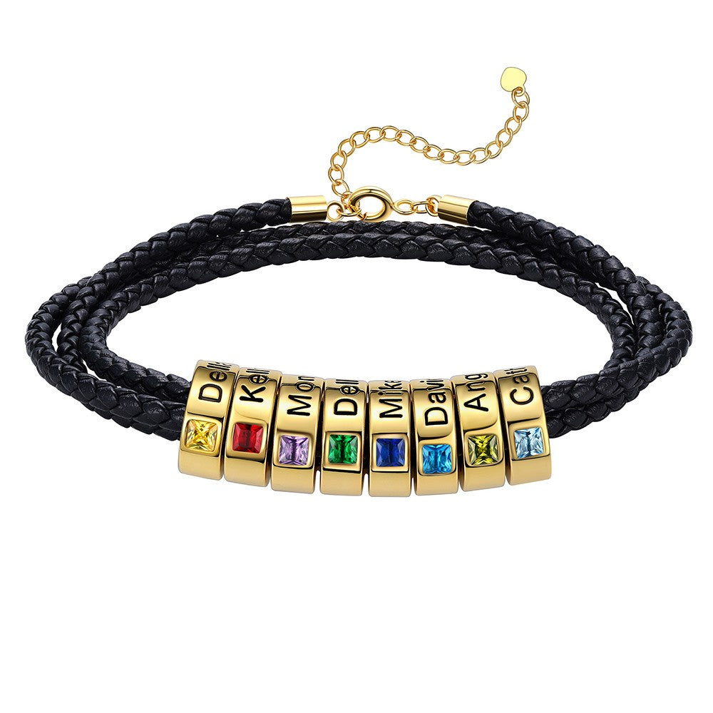 Leather Braided Bracelet with 8 Birthstone Gold Beads