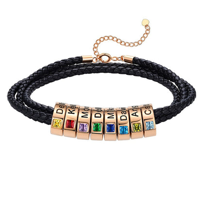 Leather Braided Bracelet with 8 Birthstone Rose Gold Beads