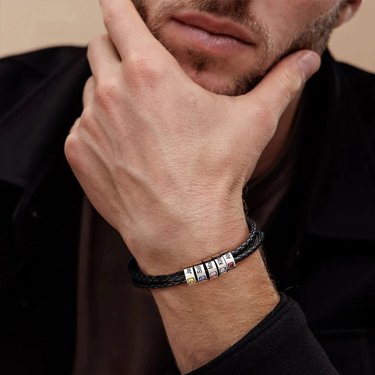 Custom Leather Braided Bracelet with Birthstone Beads for Men Boyfriends