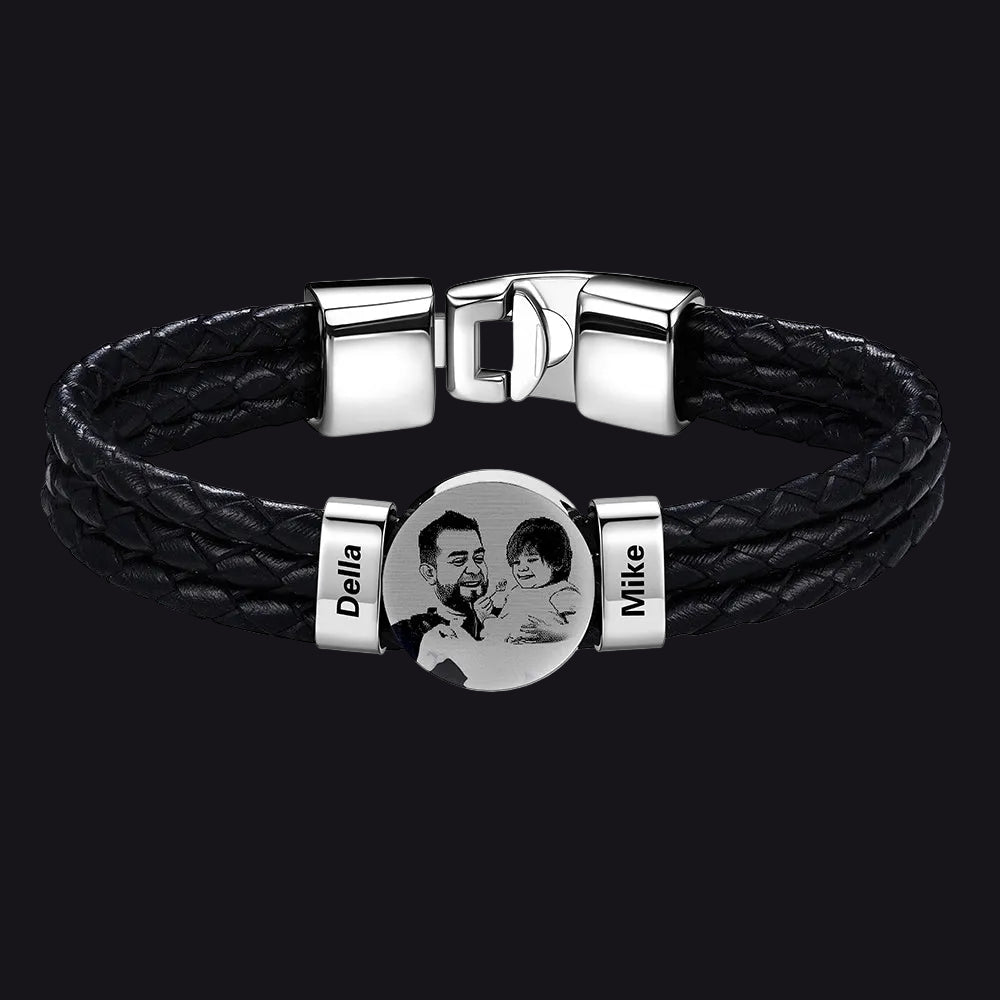 Leather Braided Photo 2 Name Bracelet