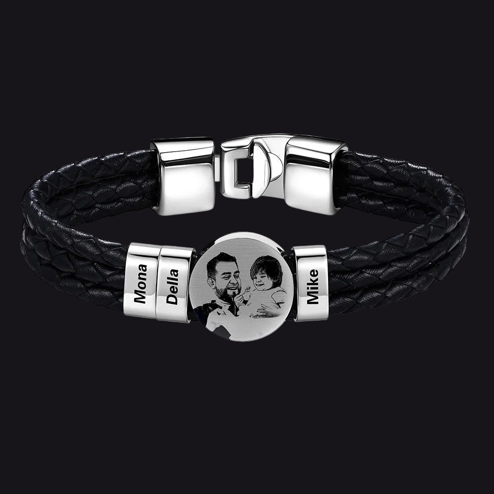 Leather Braided Photo 3 Name Bracelet