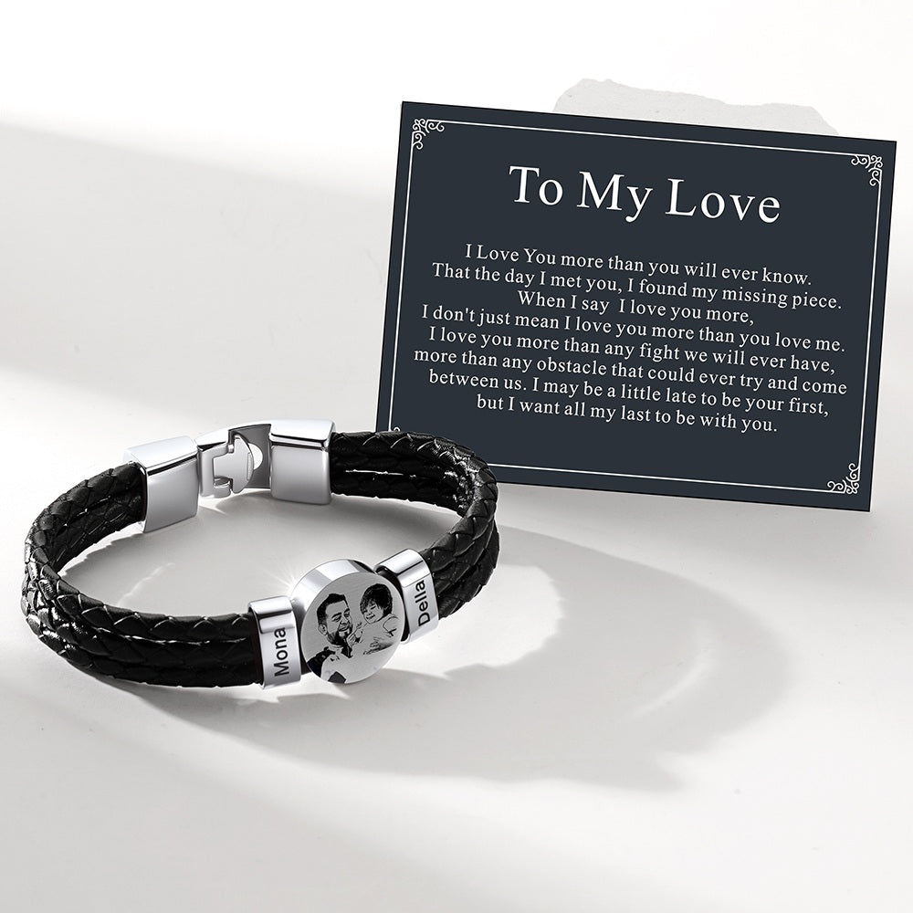 Leather Braided Photo Multi Name Bracelet with Gift Card