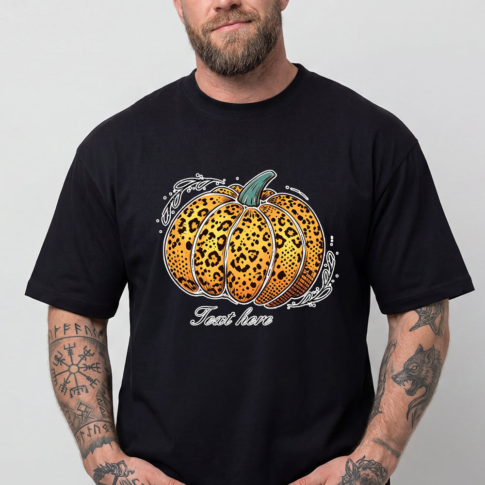Leopard Print Halloween Pumpkin T-Shirt Custom Text Graphic Tee for Men