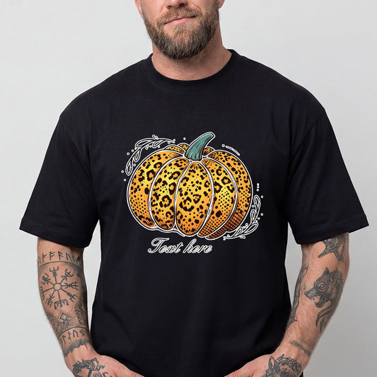Leopard Print Halloween Pumpkin T-Shirt Custom Text Graphic Tee for Menimg