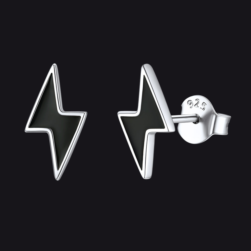 Sterling Silver Lightning Bolt Black Stud Earrings For Men