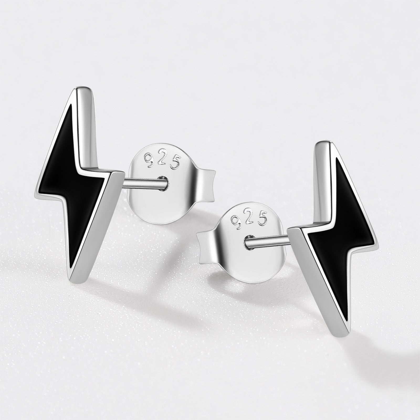 Sterling Silver Lightning Bolt Black Stud Earrings For Men