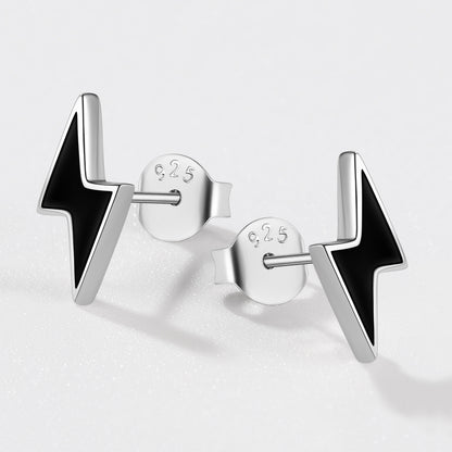 Sterling Silver Lightning Bolt Black Stud Earrings For Men