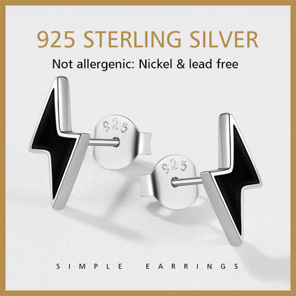 Sterling Silver Lightning Bolt Black Stud Earrings For Men