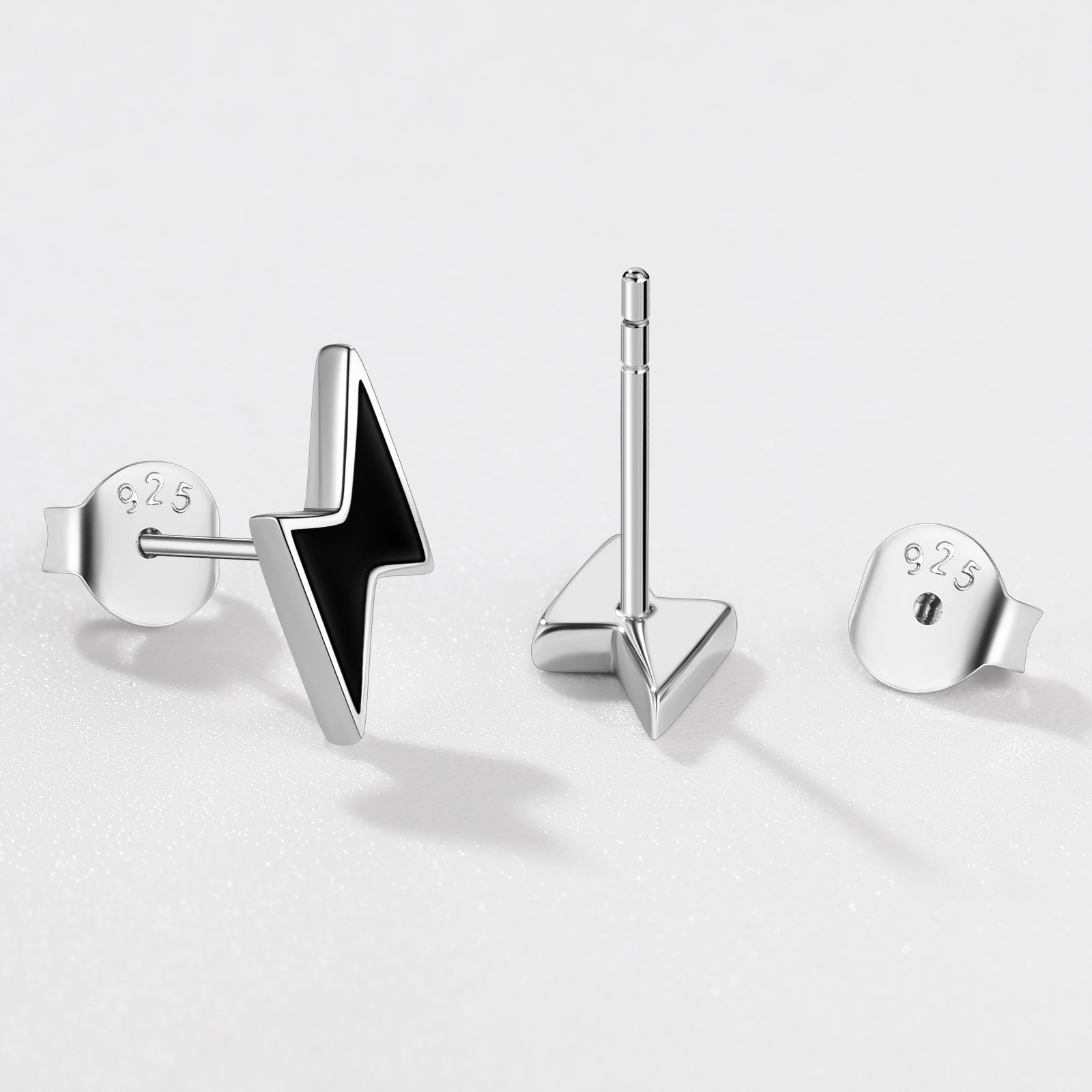 Sterling Silver Lightning Bolt Black Stud Earrings For Men