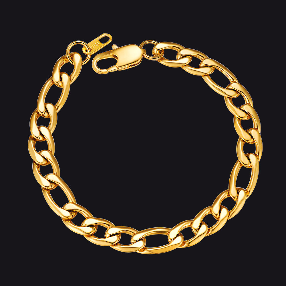 Gold Figaro Cuban Link Chain Bracelet, close-up shot