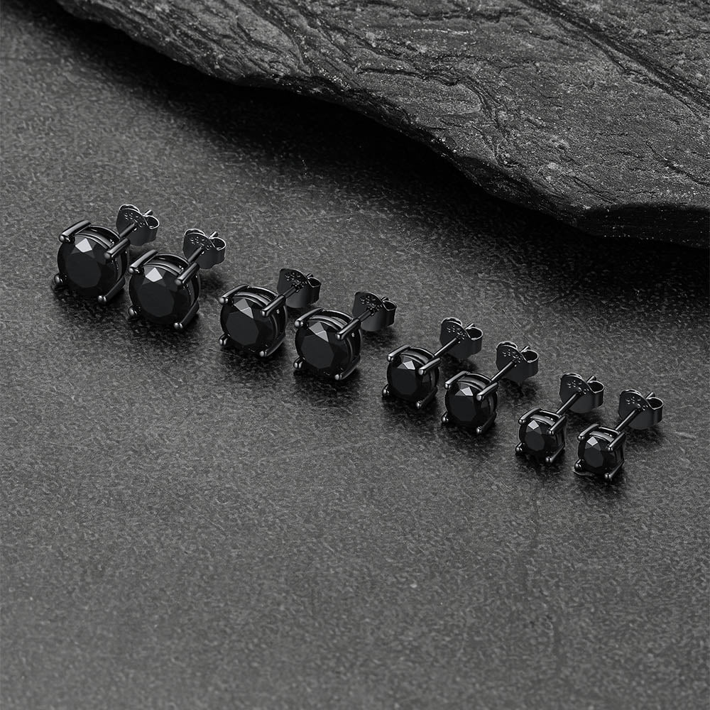 Hypoallergenic black CZ stud earrings in 5mm, 6mm, 7mm, and 8mm
