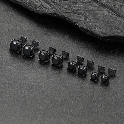 Hypoallergenic black CZ stud earrings in 5mm, 6mm, 7mm, and 8mm