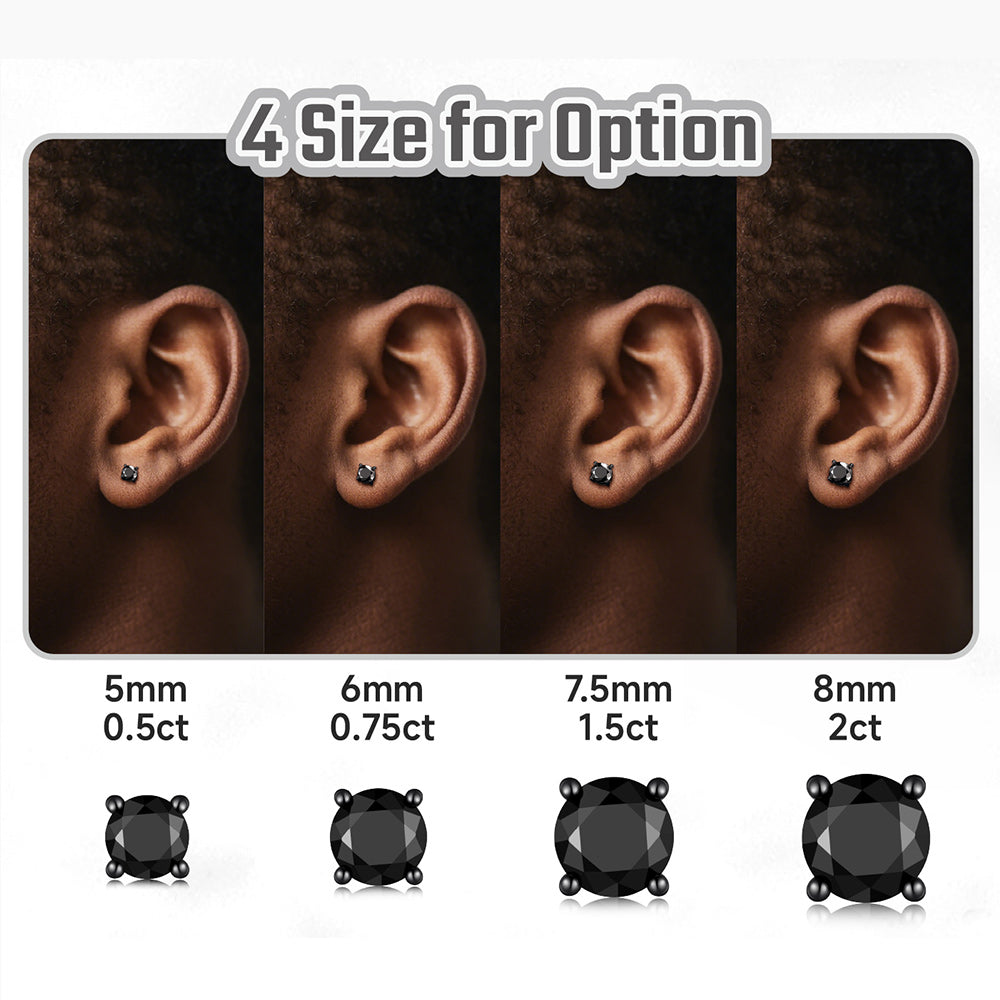 Hypoallergenic black CZ stud earrings in 5mm, 6mm, 7mm, and 8mm
