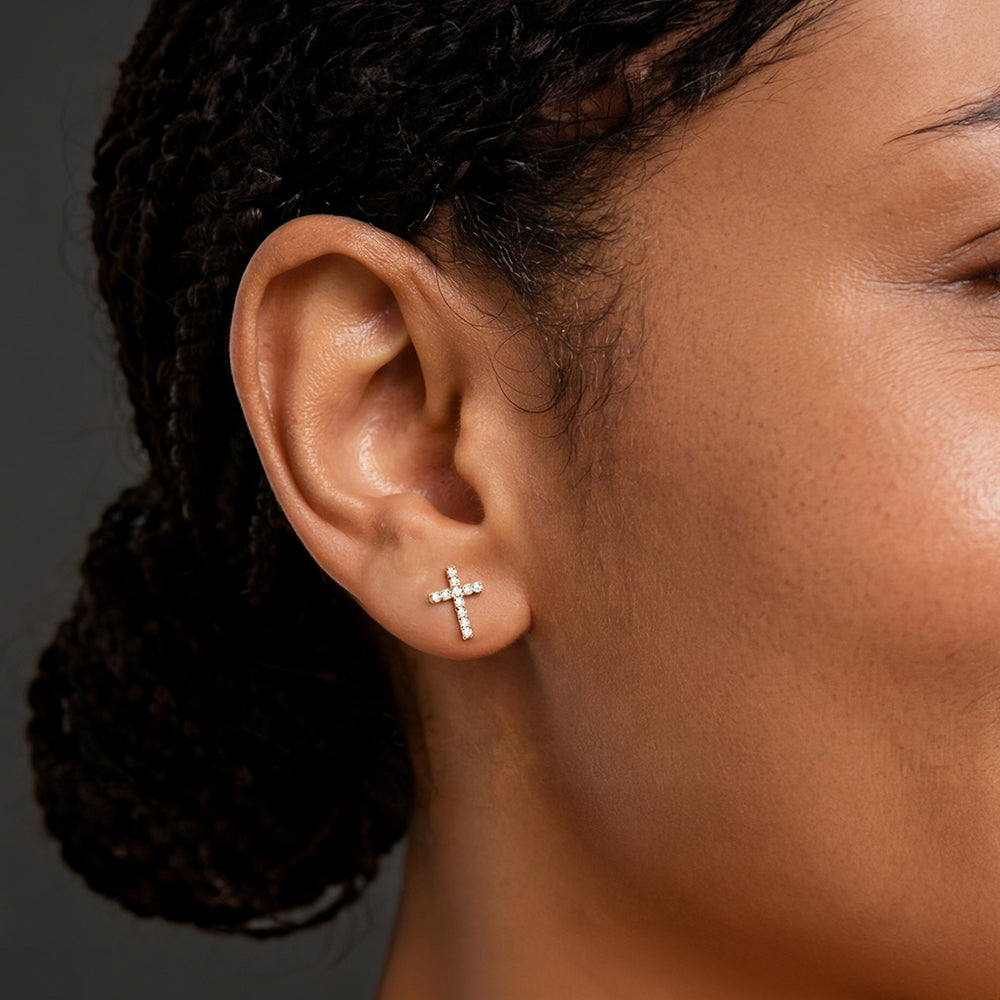 Sterling Silver Cross Stud Earrings for Men, Women  with CZ, Christian Jewelry 10mm 
