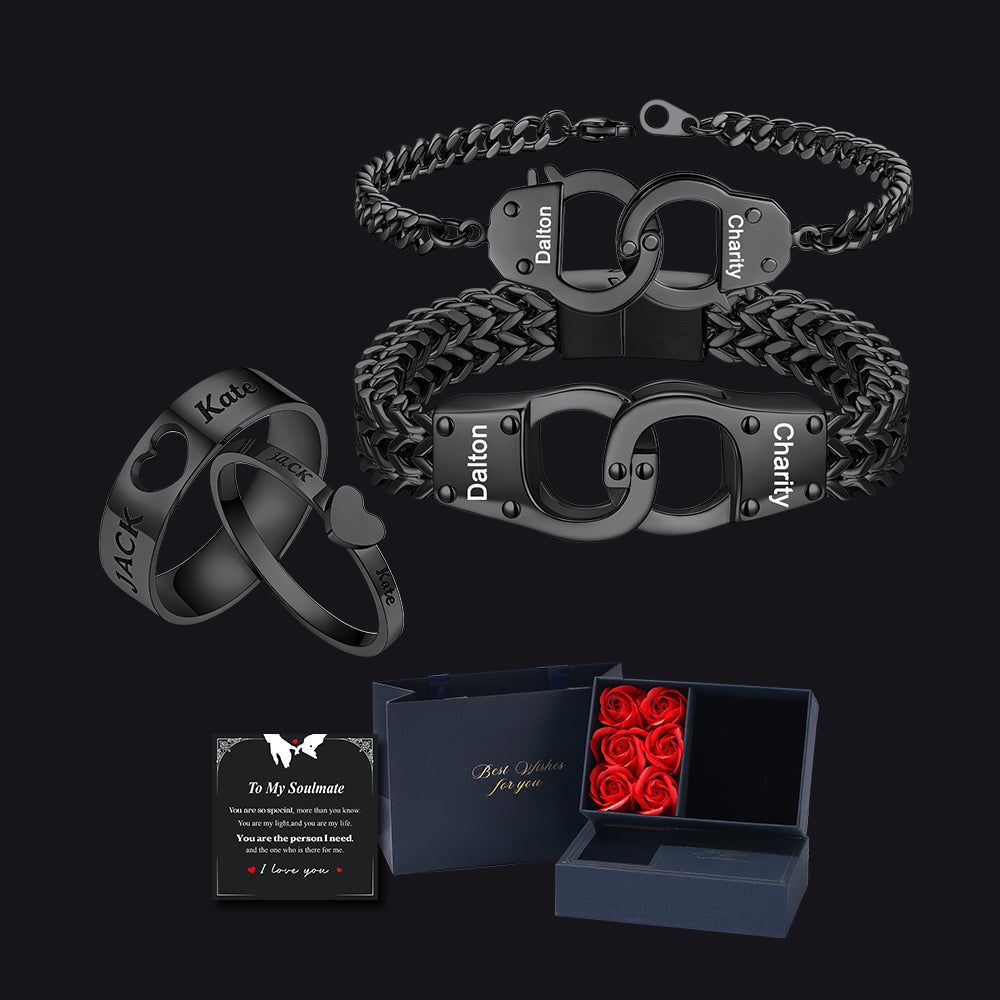 Matching Ringse & Handcuffs Couple Bracelet with Gift Box Set