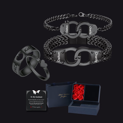 Matching Ringse & Handcuffs Couple Bracelet with Gift Box Set