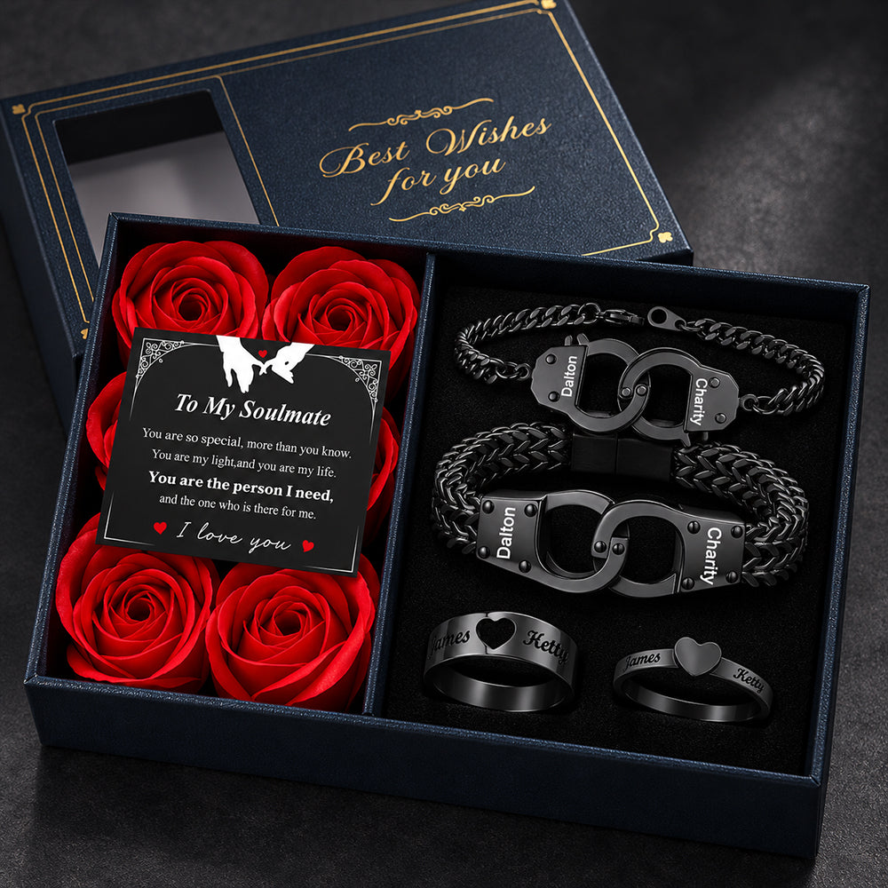 Matching Ringse & Handcuffs Couple Bracelet with Gift Box Set