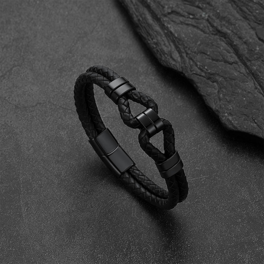 Men's All Black Leather Shackle Bracelet Double-Row Braided
