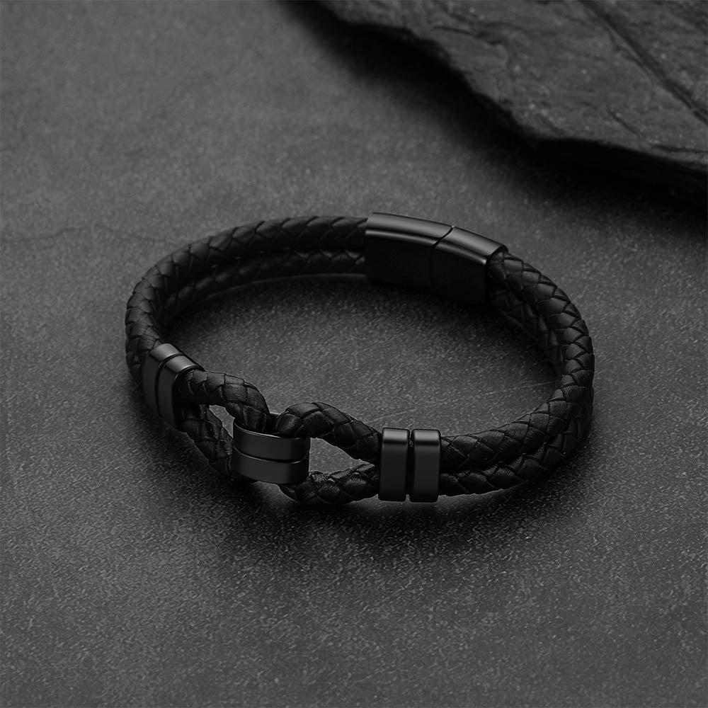 Men's All Black Leather Shackle Bracelet Double-Row Braided