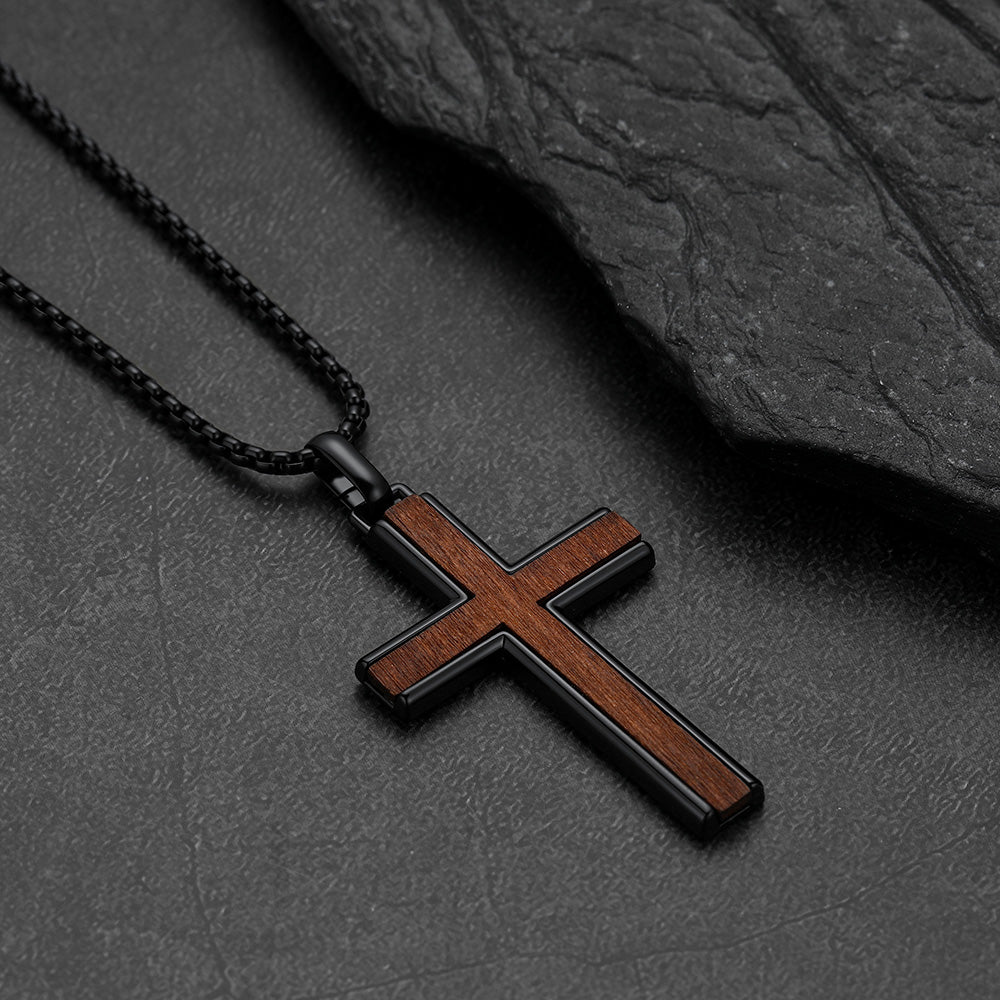 Men's black wood inlay cross necklace, religious amulet cross pendant