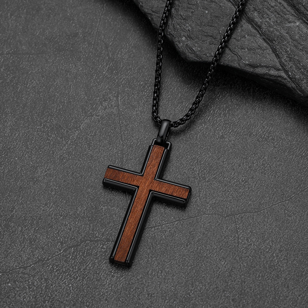 Men's black wood inlay cross necklace, religious amulet cross pendant