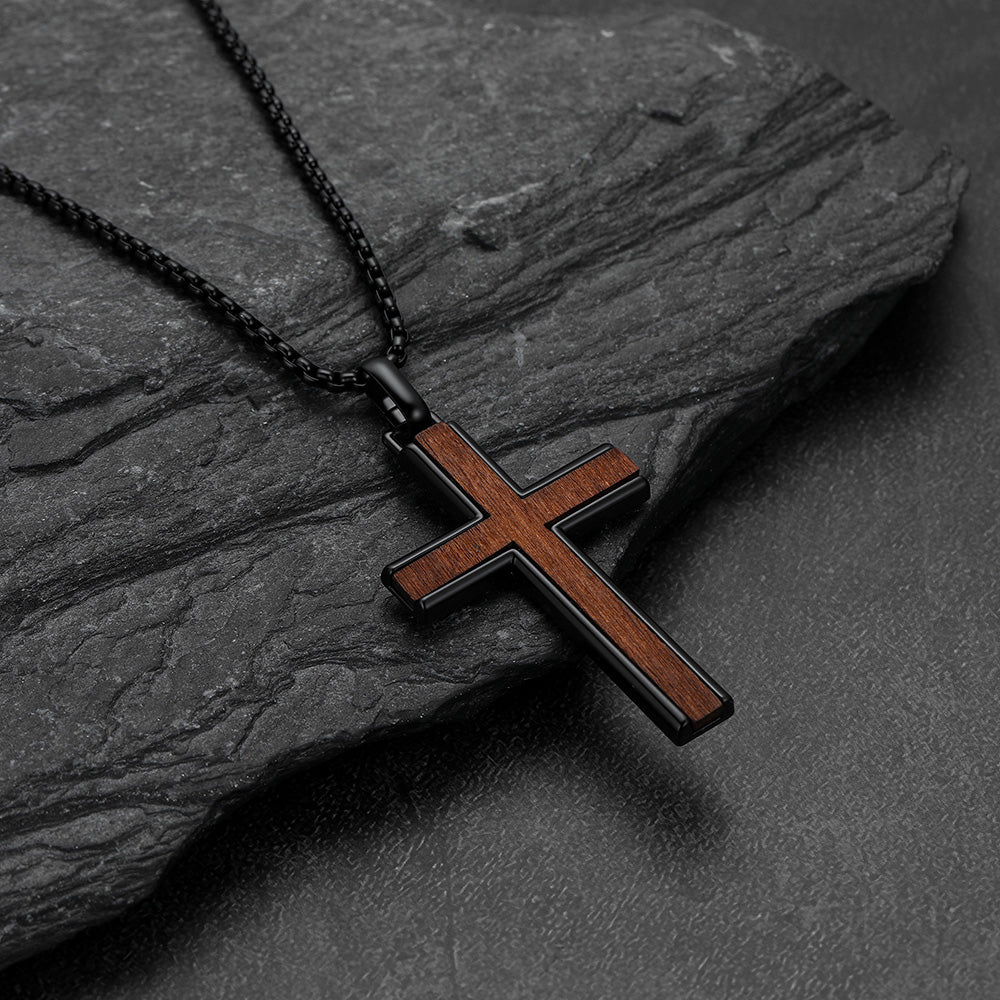 Men's black wood inlay cross necklace, religious amulet cross pendant