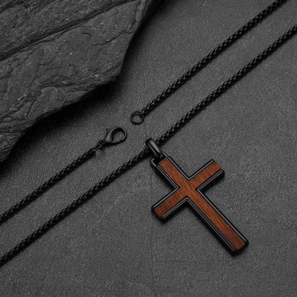 Men's black wood inlay cross necklace, religious amulet cross pendant