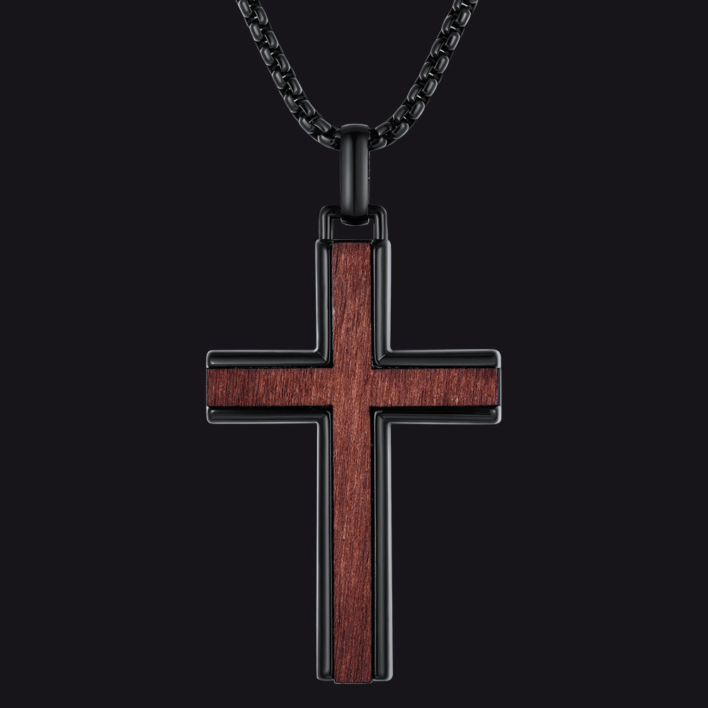 Men's black wood inlay cross necklace, religious amulet cross pendant