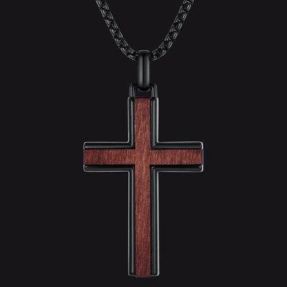 Men's black wood inlay cross necklace, religious amulet cross pendant