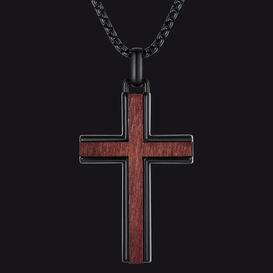 Men's black wood inlay cross necklace, religious amulet cross pendantimg