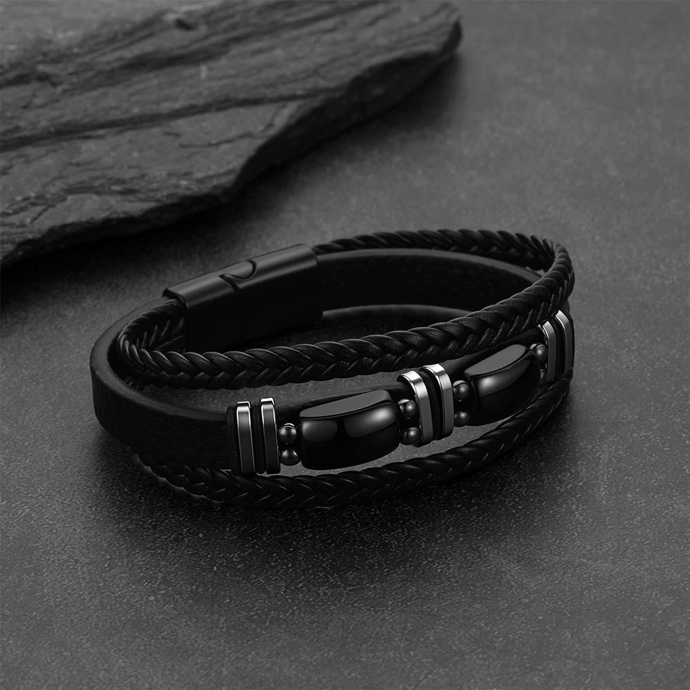 Obsidian Multilayer Leather Bracelet Braided Leather Wristband for Men