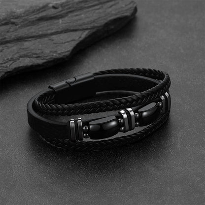 Obsidian Multilayer Leather Bracelet Braided Leather Wristband for Men